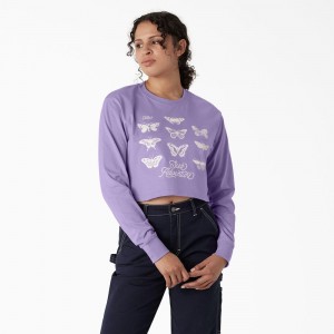 Purple Women's Dickies Butterfly Graphic Long Sleeve Cropped T-Shirt | IDG578401