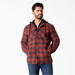 Red Men's Dickies Flannel Hooded Shirt Jacket | SBU839601