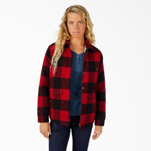 Red Women's Dickies Flannel High Pile Fleece Lined Chore Coat Jacket | RPL920735