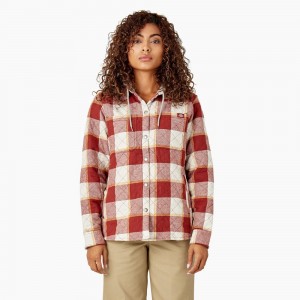 Red Women's Dickies Flannel Hooded Shirt Jacket | ZIL765309