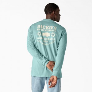 Turquoise Men's Dickies Hays Long Sleeve Graphic T-Shirt | BAD206345