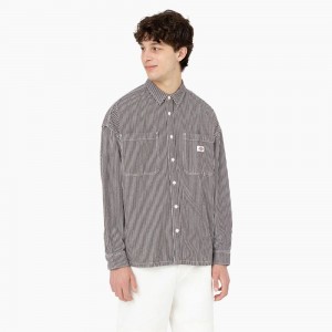 White Men's Dickies Hickory Stripe Long Sleeve Work Shirts | XGD410689