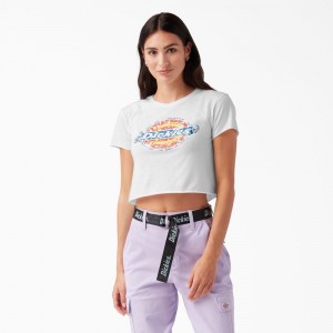 White Women's Dickies Distressed Logo Cropped T-Shirt | VEF846015