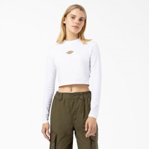 White Women's Dickies Maple Valley Logo Long Sleeve Cropped T-Shirt | ETB038562