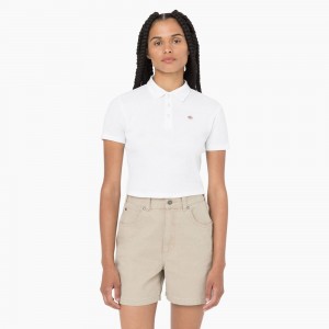 White Women's Dickies Tallasee Short Sleeve Cropped Polo Shirt | AWC405632