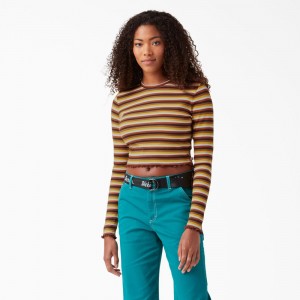 Yellow Women's Dickies Striped Long Sleeve Cropped T-Shirt | ZCA648071