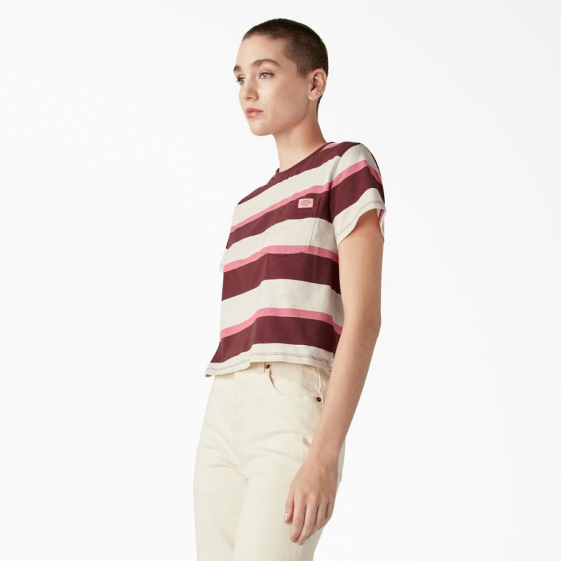 Beige Women's Dickies Large Striped Cropped Pocket T-Shirt | TWX142873