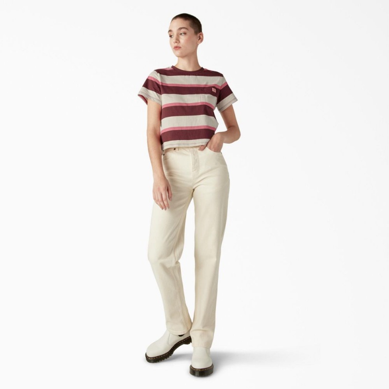 Beige Women's Dickies Large Striped Cropped Pocket T-Shirt | TWX142873