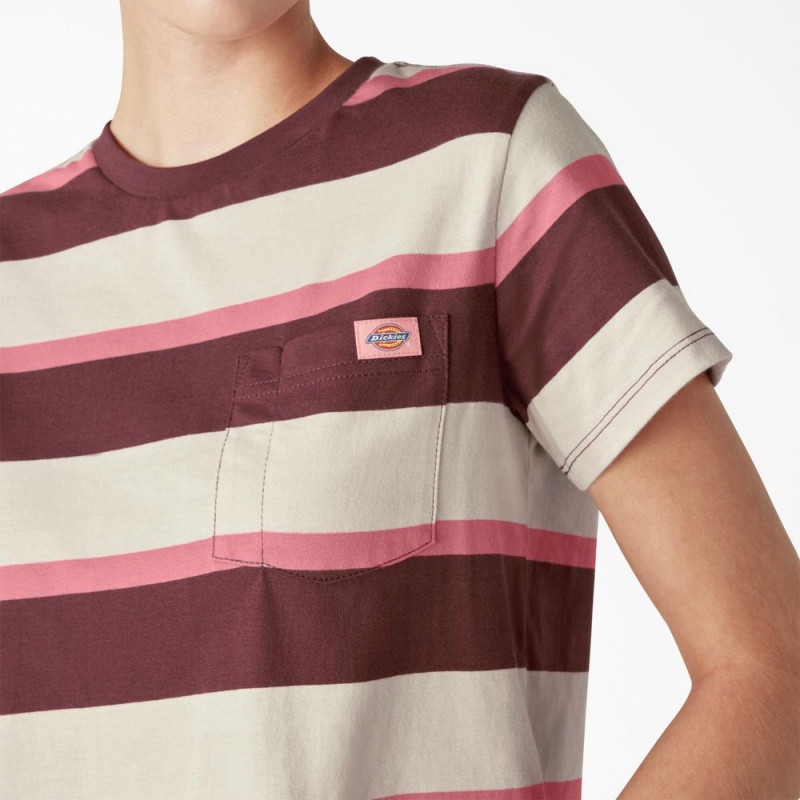 Beige Women's Dickies Large Striped Cropped Pocket T-Shirt | TWX142873