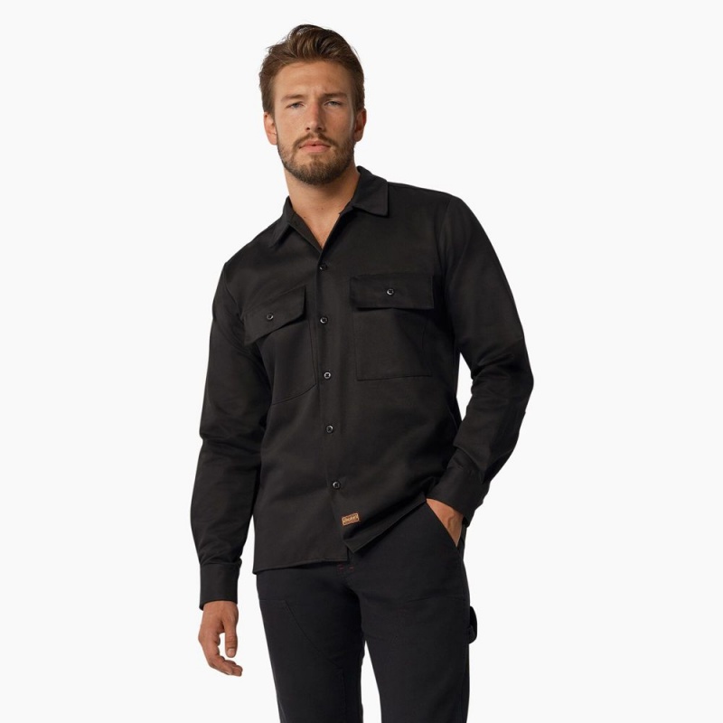 Black Men\'s Dickies 1922 Premium Twill Long Sleeve Shirt | IZD985204