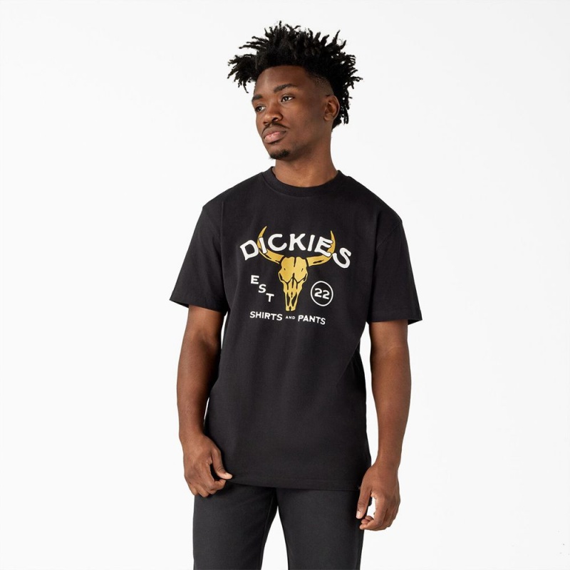 Black Men's Dickies Bull Skull Heavyweight T-Shirt | KXG134809