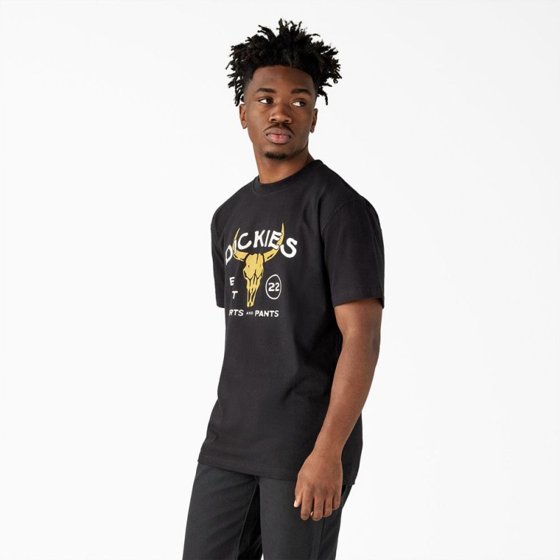 Black Men's Dickies Bull Skull Heavyweight T-Shirt | KXG134809