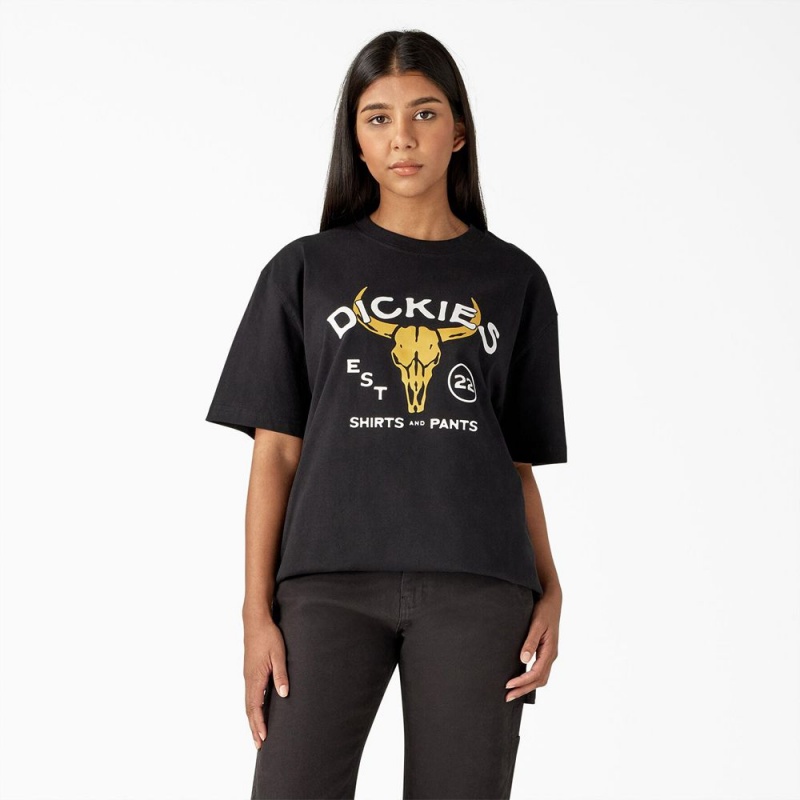 Black Men's Dickies Bull Skull Heavyweight T-Shirt | KXG134809