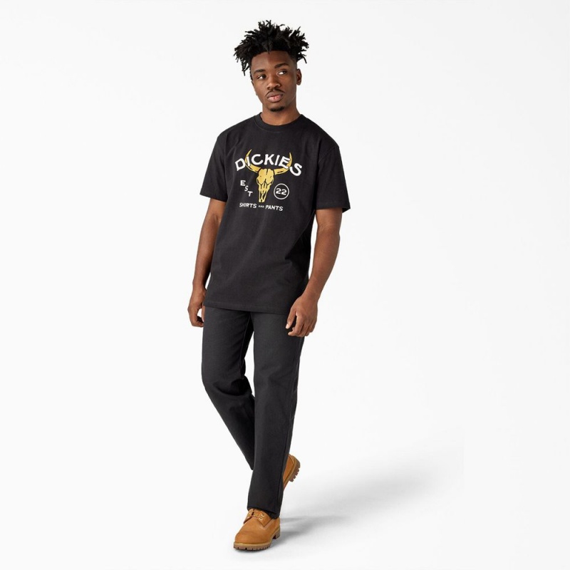 Black Men's Dickies Bull Skull Heavyweight T-Shirt | KXG134809