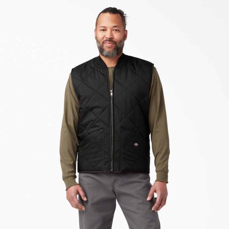 Black Men\'s Dickies Diamond Quilted Vest | JRS096527