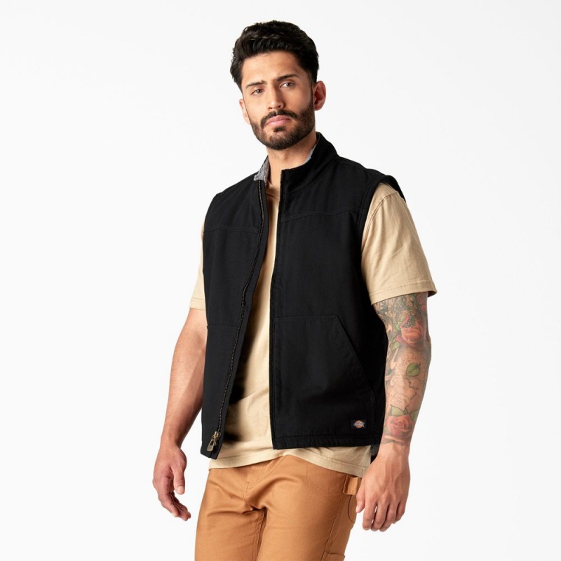 Black Men's Dickies Duck Canvas High Pile Fleece Lined Vest | QRA627531