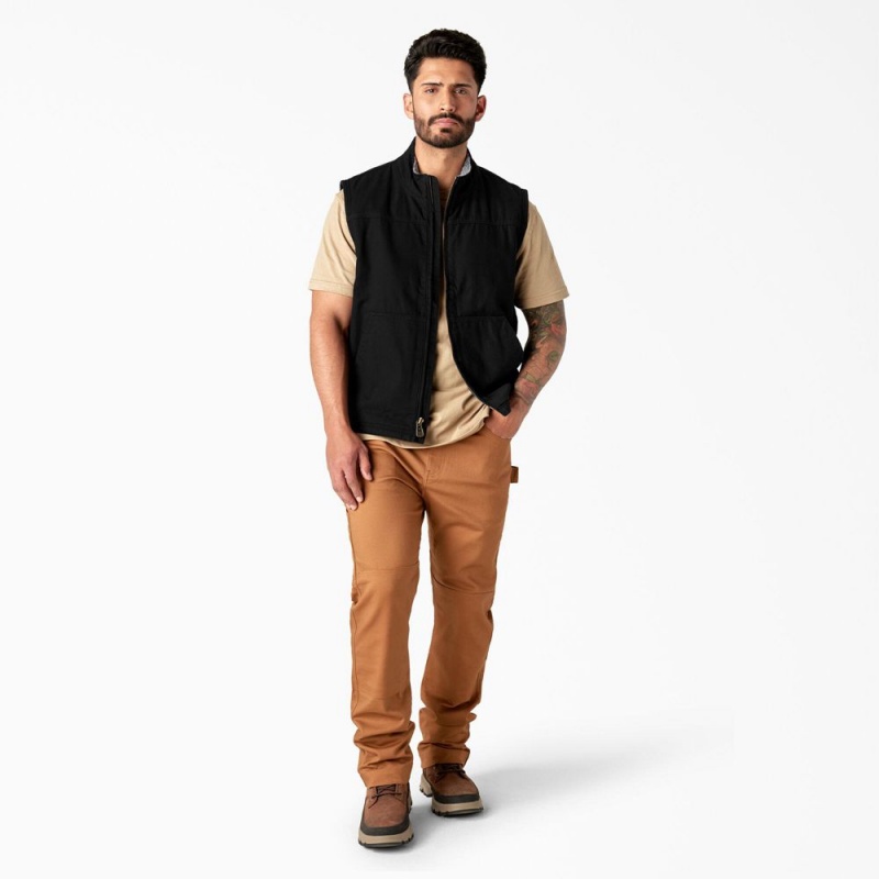 Black Men's Dickies Duck Canvas High Pile Fleece Lined Vest | QRA627531