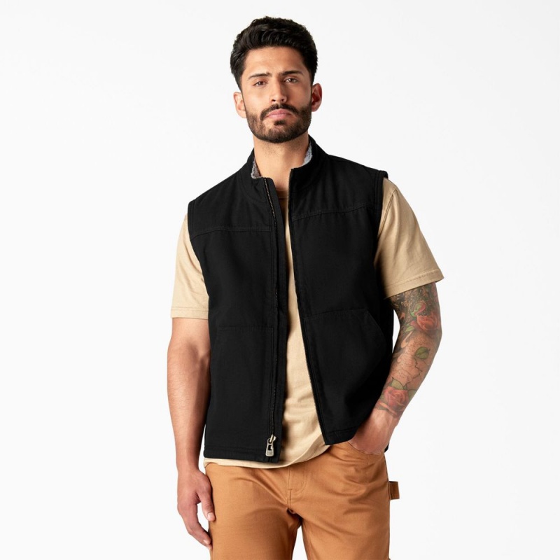 Black Men\'s Dickies Duck Canvas High Pile Fleece Lined Vest | QRA627531