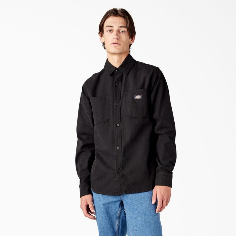 Black Men\'s Dickies Duck Canvas Long Sleeve Utility Shirt | LJD238165