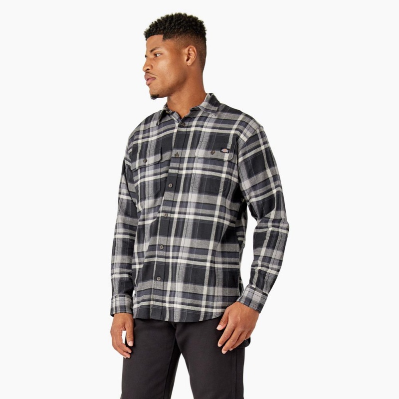 Black Men's Dickies FLEX Long Sleeve Flannel Shirt | QZI056394