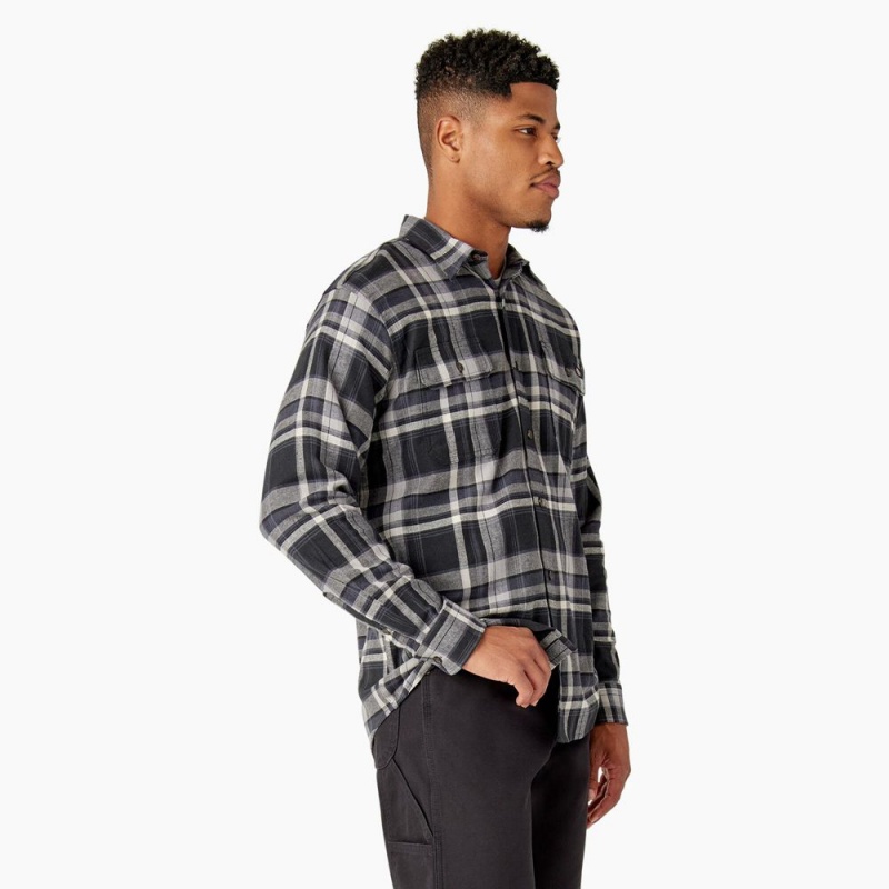 Black Men's Dickies FLEX Long Sleeve Flannel Shirt | QZI056394