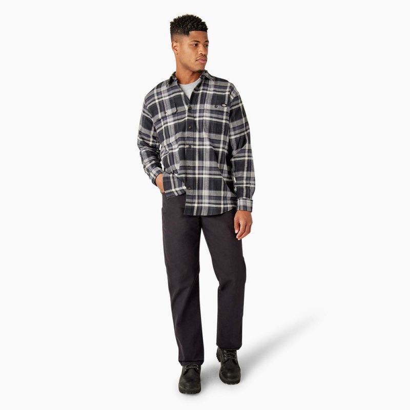 Black Men's Dickies FLEX Long Sleeve Flannel Shirt | QZI056394