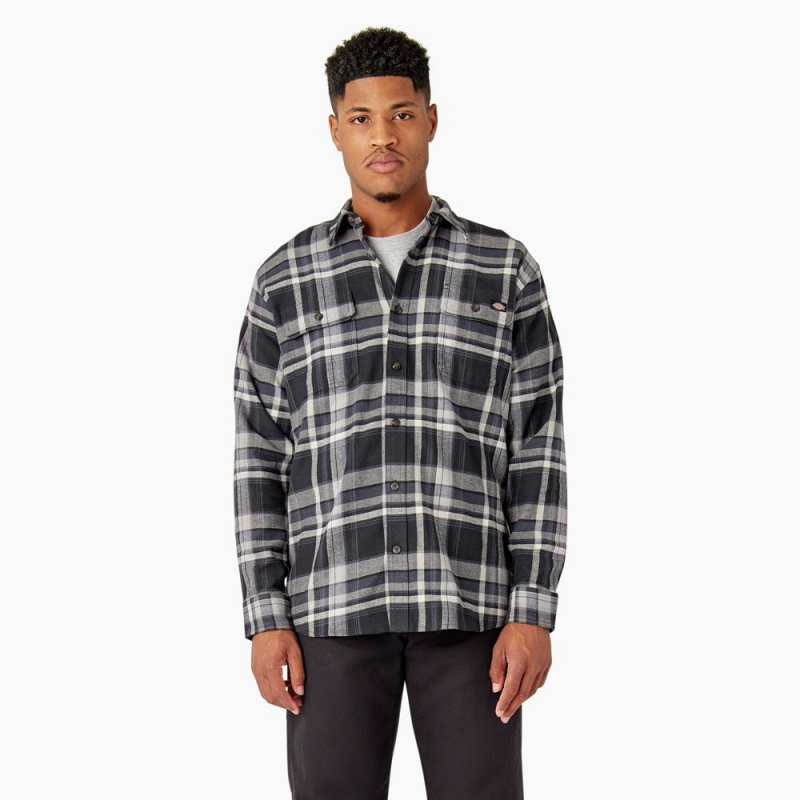 Black Men\'s Dickies FLEX Long Sleeve Flannel Shirt | QZI056394