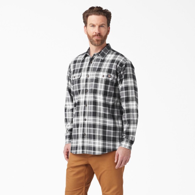 Black Men\'s Dickies FLEX Long Sleeve Flannel Shirt | IWC536480