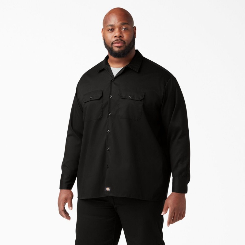 Black Men's Dickies FLEX Relaxed Fit Long Sleeve Work Shirts | HEL802945