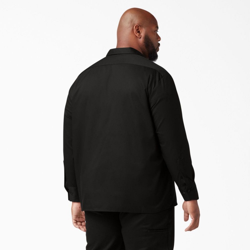 Black Men's Dickies FLEX Relaxed Fit Long Sleeve Work Shirts | HEL802945