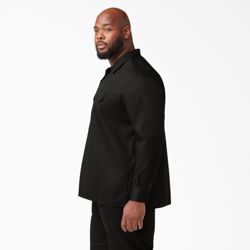 Black Men's Dickies FLEX Relaxed Fit Long Sleeve Work Shirts | HEL802945