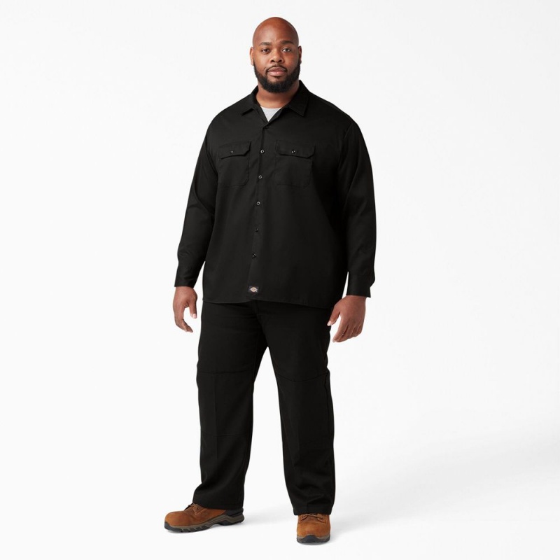 Black Men's Dickies FLEX Relaxed Fit Long Sleeve Work Shirts | HEL802945