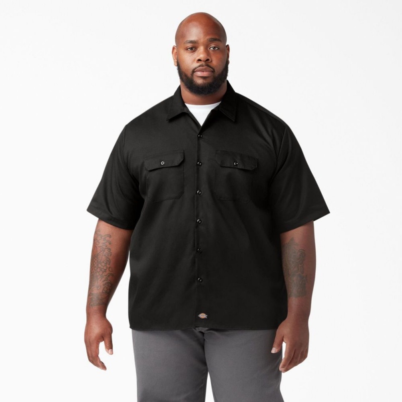 Black Men's Dickies FLEX Relaxed Fit Short Sleeve Work Shirts | ORH253064