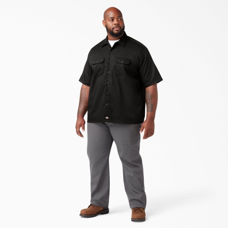 Black Men's Dickies FLEX Relaxed Fit Short Sleeve Work Shirts | ORH253064