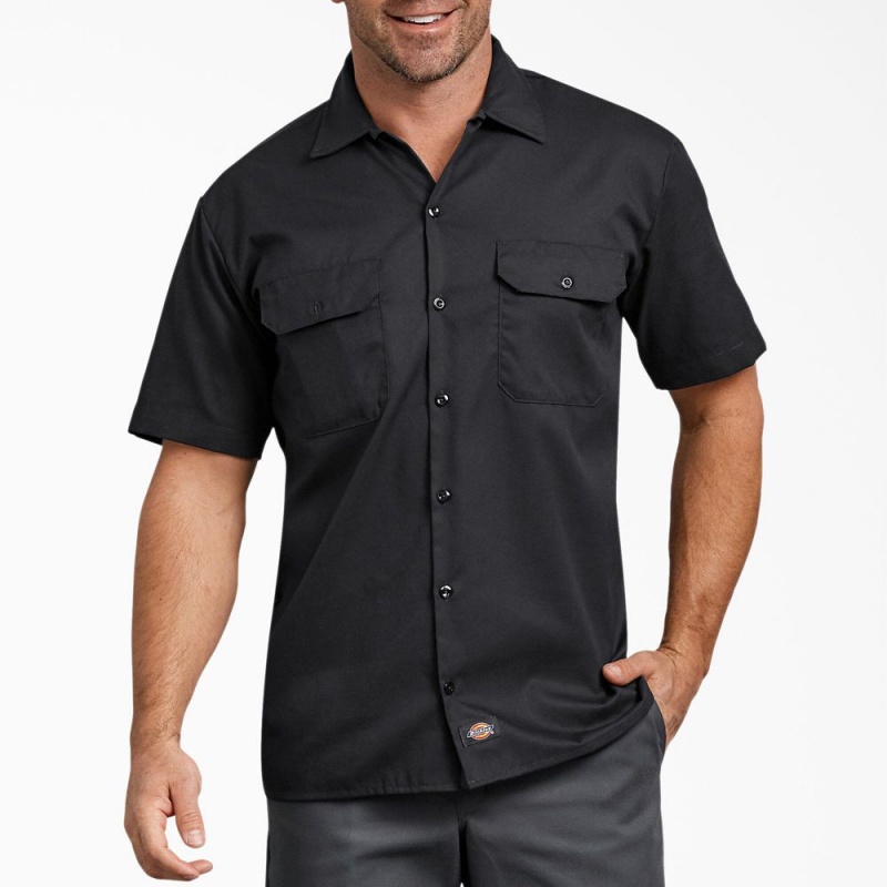 Black Men\'s Dickies FLEX Relaxed Fit Short Sleeve Work Shirts | ORH253064