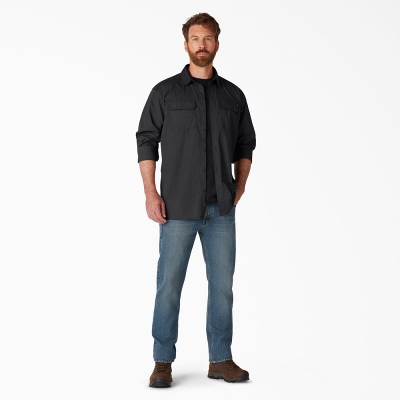 Black Men's Dickies FLEX Ripstop Long Sleeve Shirt | PYN054873