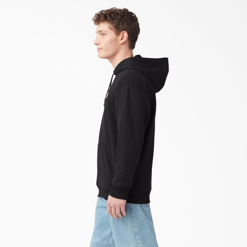 Black Men's Dickies Fleece Embroidered Chest Logo Hoodie | XJF612098