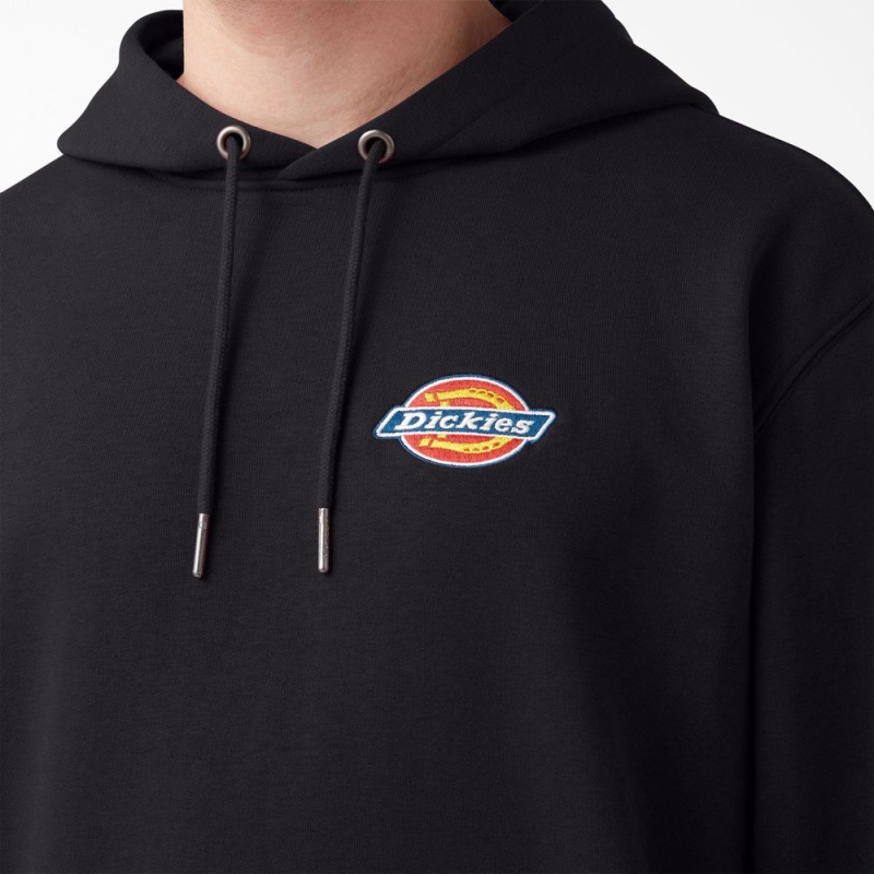 Black Men's Dickies Fleece Embroidered Chest Logo Hoodie | XJF612098