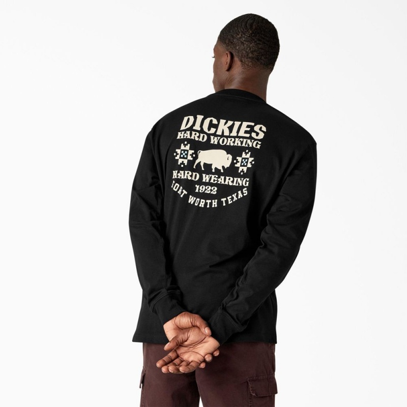 Black Men\'s Dickies Hays Long Sleeve Graphic T-Shirt | MRC697520