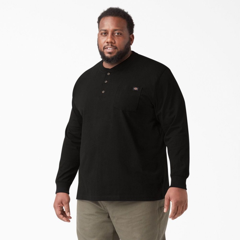 Black Men's Dickies Heavyweight Long Sleeve Henley T-Shirt | XTA795638