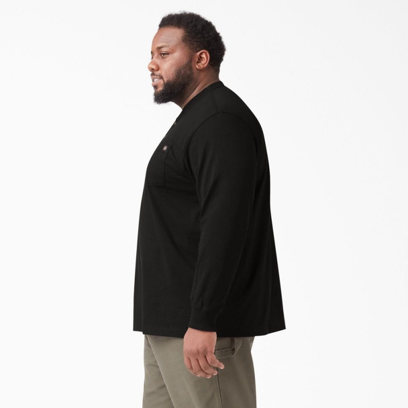 Black Men's Dickies Heavyweight Long Sleeve Henley T-Shirt | XTA795638