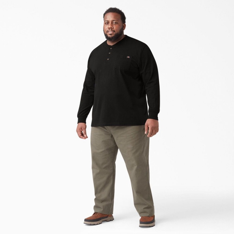 Black Men's Dickies Heavyweight Long Sleeve Henley T-Shirt | XTA795638