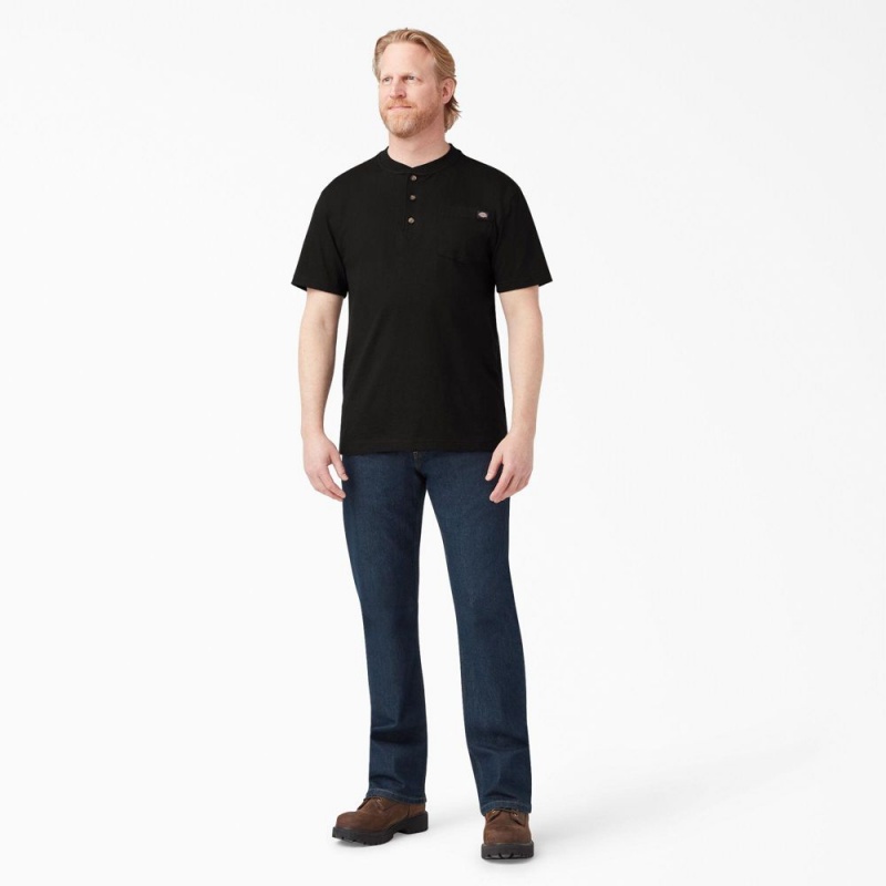 Black Men's Dickies Heavyweight Short Sleeve Henley T-Shirt | VSJ153602