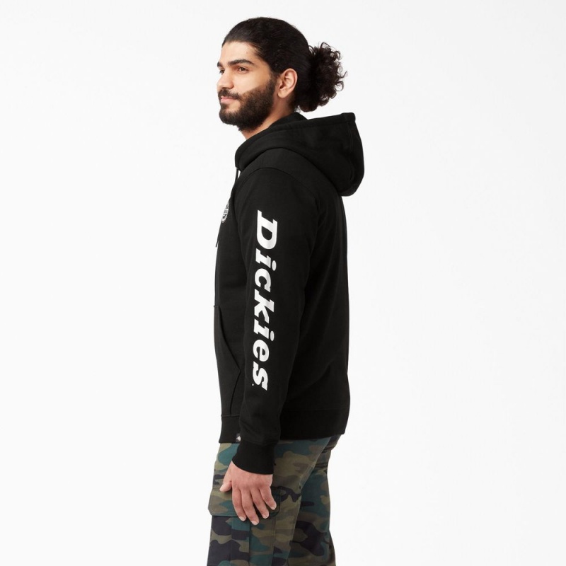 Black Men's Dickies Logo Sleeve Fleece Hoodie | YSG025467