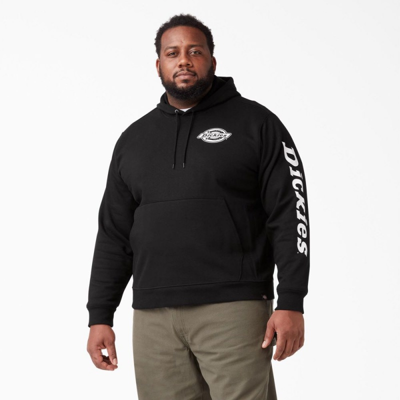 Black Men's Dickies Logo Sleeve Fleece Hoodie | YSG025467