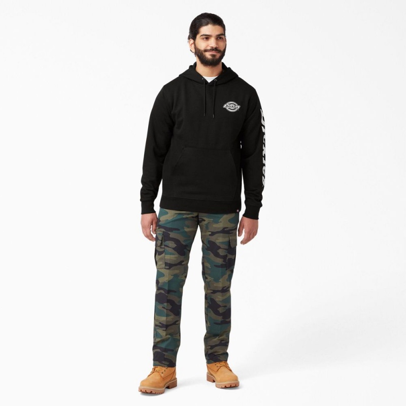 Black Men's Dickies Logo Sleeve Fleece Hoodie | YSG025467