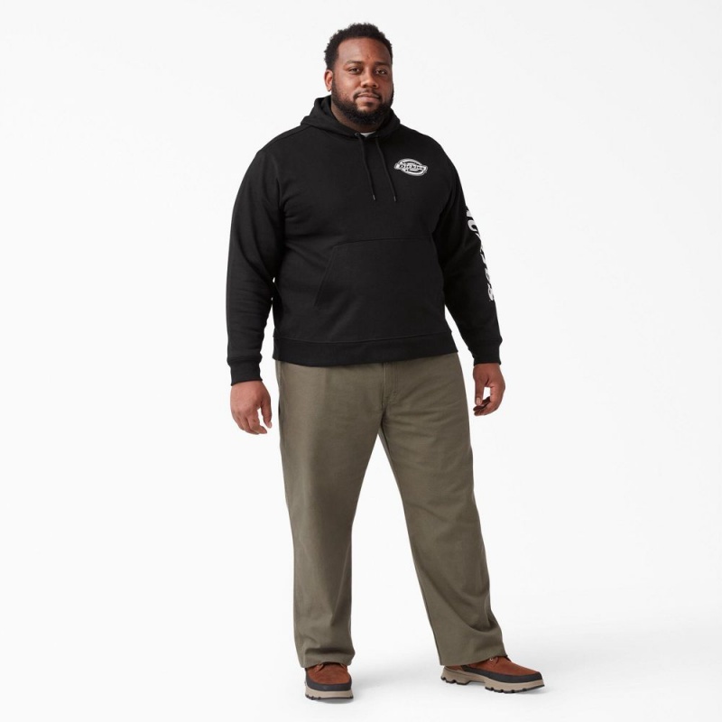 Black Men's Dickies Logo Sleeve Fleece Hoodie | YSG025467