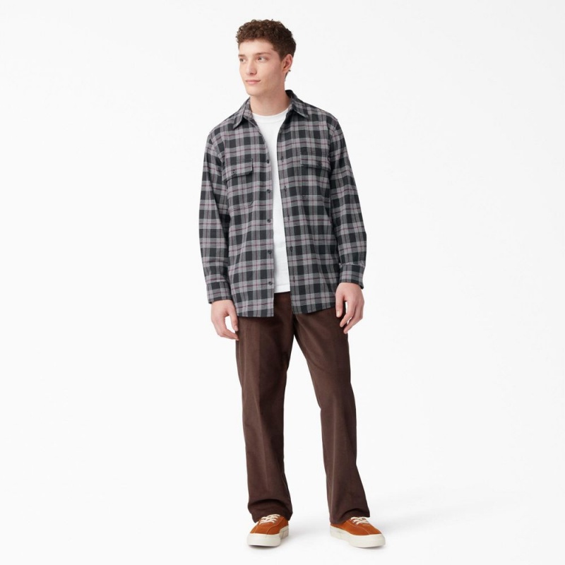 Black Men's Dickies Long Sleeve Flannel Shirt | BOU463052