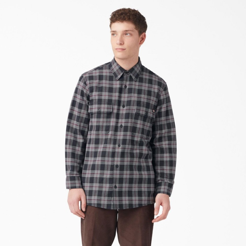 Black Men\'s Dickies Long Sleeve Flannel Shirt | BOU463052