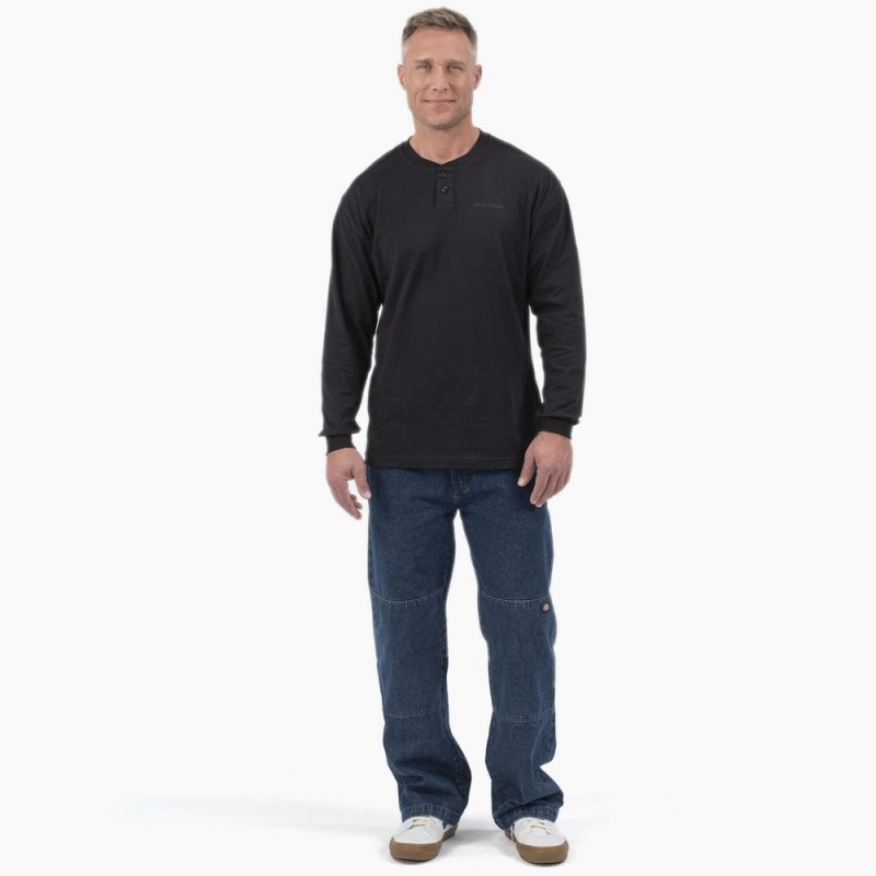 Black Men's Dickies Long Sleeve Henley T-Shirt | VKB058376